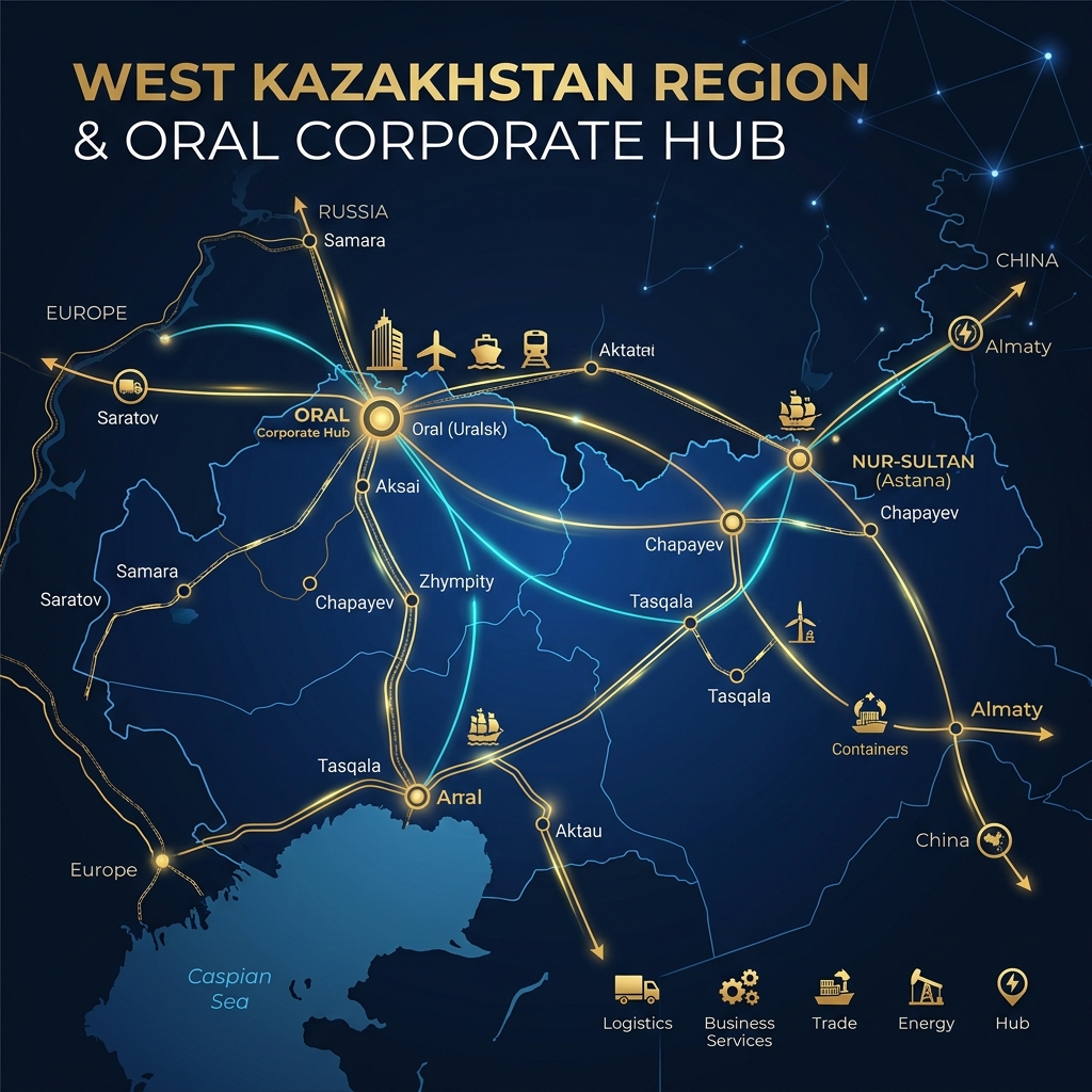 West Kazakhstan Region and Oral Corporate Network Hub Map